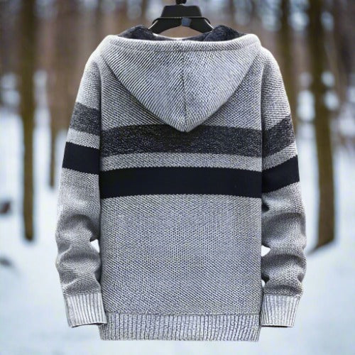 Herr Stickad Hoodie - Dragkedja & Huva - Randig - Mjuk Fleecefodrad