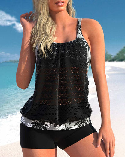 Dam Tankini Set – Avslappnad Passform – Spetsöverdel – Mjukt Stickat – Blommiga Shorts