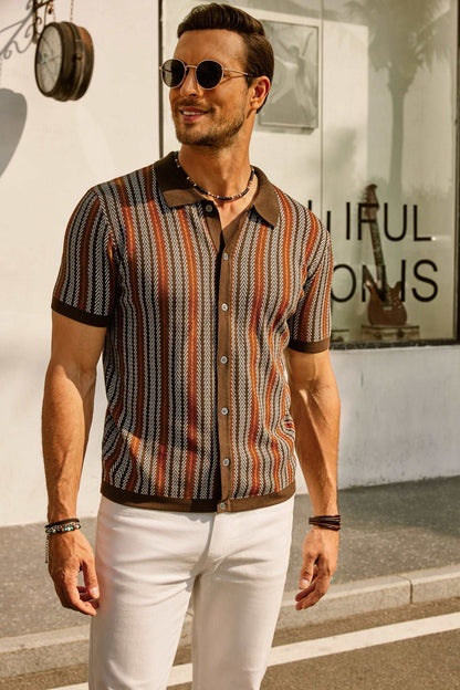 Herrpikétröja – Slim Fit – Retro Randig – Kort Ärm – Andningsbar Design