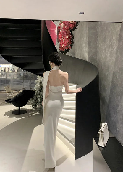 Elegant satinklänning med en axel för kvinnor – Aftonklänning i maximodell