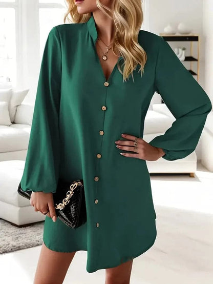 Dam Skjortklänning - Lös Passform - Knappdetaljer - Lång Ärm - Chic och Elegant