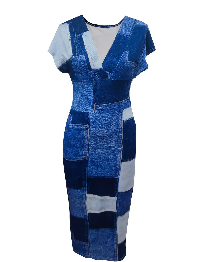 Damklänning - Figurnära Midi - V-ringning - Ärmlös Patchwork Denim Look