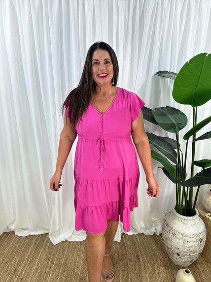 Damklänning - V-ringning - Korta Fjärilsärmar - Knappdetaljer - Justerbar Midja - Volangkjol