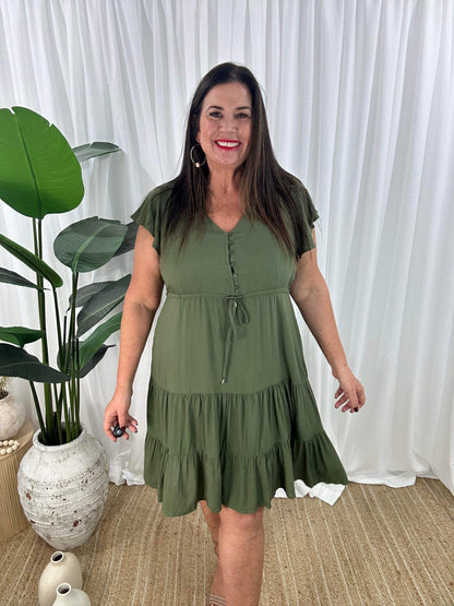 Damklänning - V-ringning - Korta Fjärilsärmar - Knappdetaljer - Justerbar Midja - Volangkjol