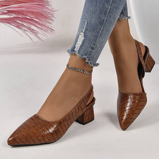 Dam Slingback-klackar – Krokopräglad Yta – Spetsig Tå – Mellanhög Blockklack – Elegant Passform