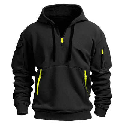 Men’s Hoodie - Halvdragkedja - Känguruficka med Dragkedja - Ribbad Kant - Avslappnad Passform