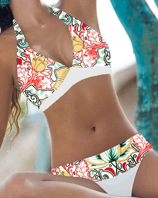 Dam Bikini Set – V-ringad Halterneck – Stretchig Passform – Blommigt Mönster