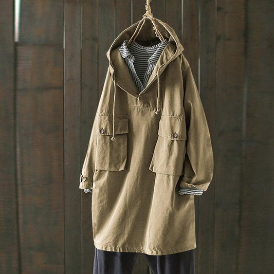 Damjacka med huva – Oversize passform – V-ringning – Fickor med knappar