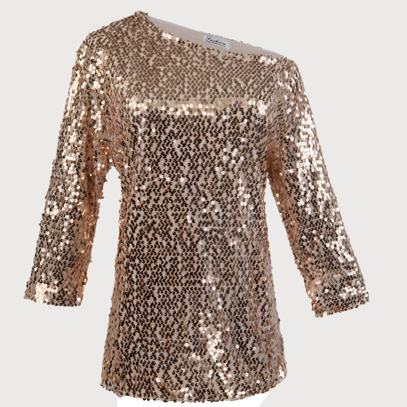 Damtop – Paljetter – Off Shoulder – Halvlång Ärmlängd – Avslappnad Passform