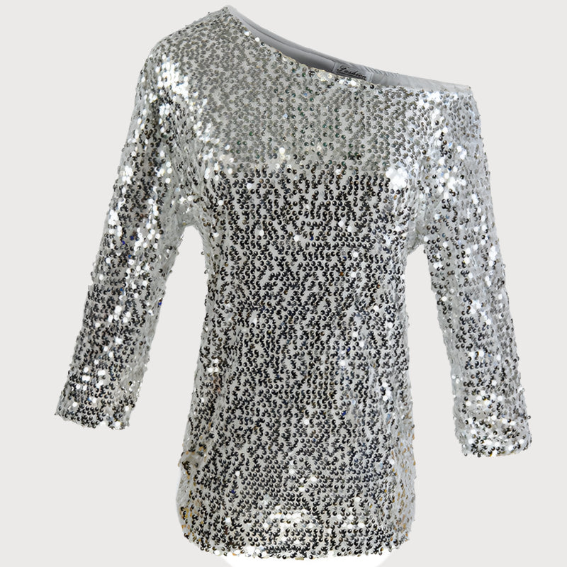 Damtop – Paljetter – Off Shoulder – Halvlång Ärmlängd – Avslappnad Passform