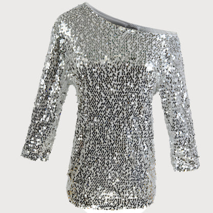 Damtop – Paljetter – Off Shoulder – Halvlång Ärmlängd – Avslappnad Passform