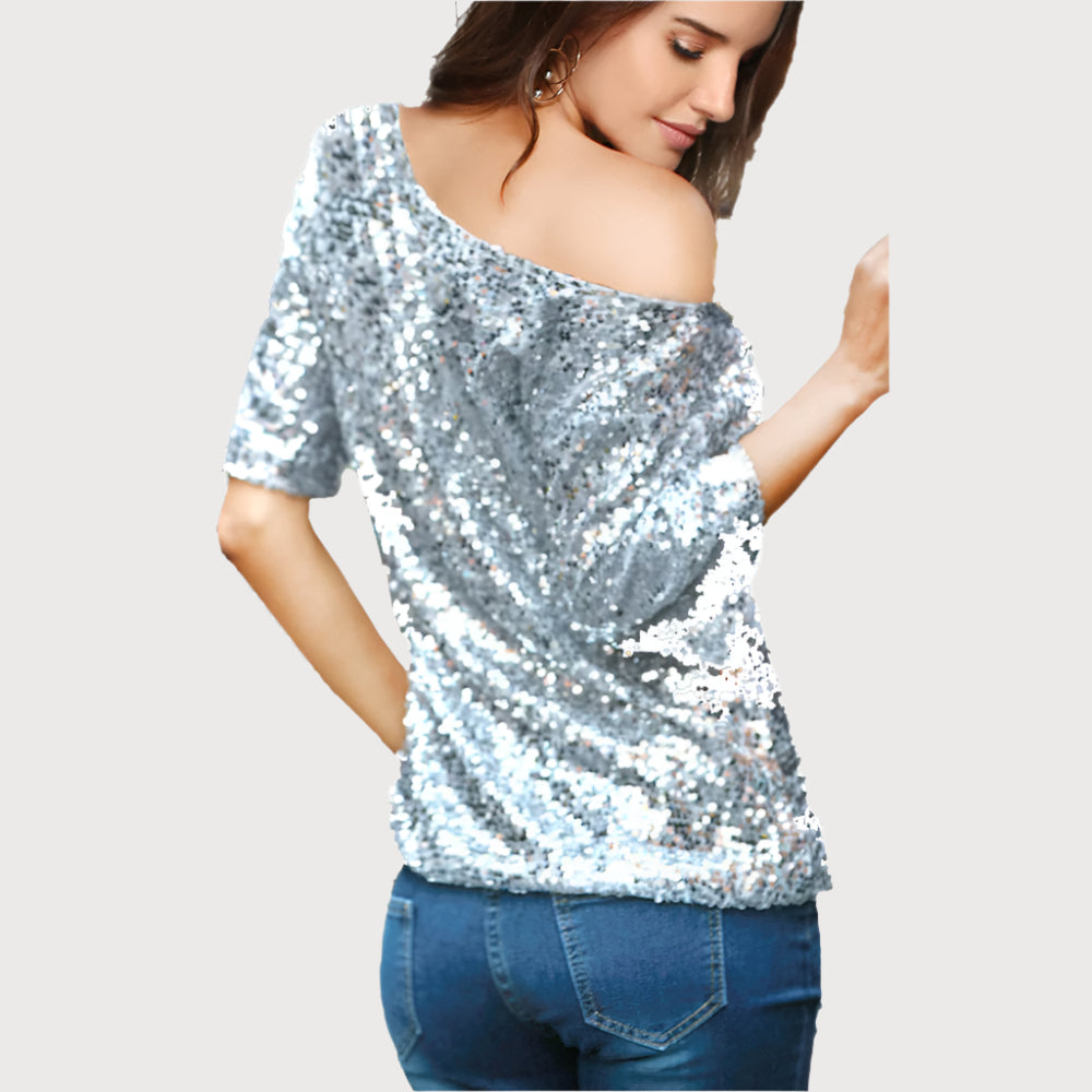 Damtop – Paljetter – Off Shoulder – Halvlång Ärmlängd – Avslappnad Passform