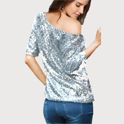 Damtop – Paljetter – Off Shoulder – Halvlång Ärmlängd – Avslappnad Passform