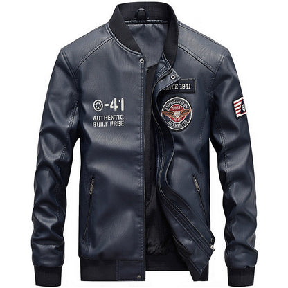 Herrjacka i Läder – Regular Fit – Broderade Patches – Baseballkrage – Dragkedja