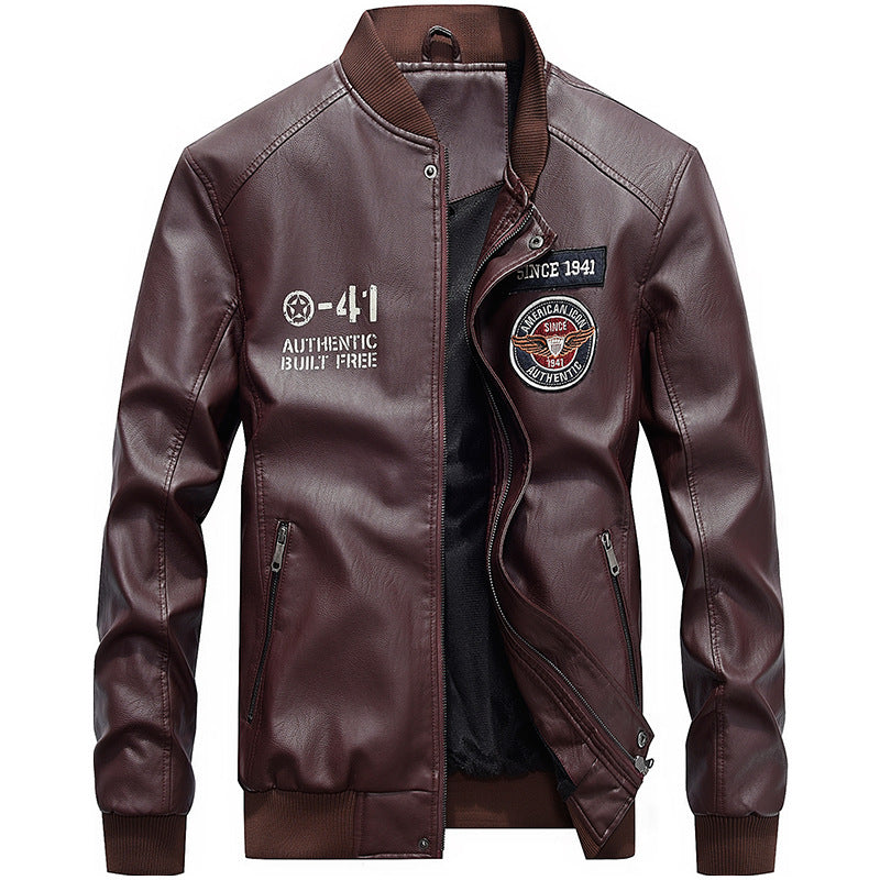 Herrjacka i Läder – Regular Fit – Broderade Patches – Baseballkrage – Dragkedja