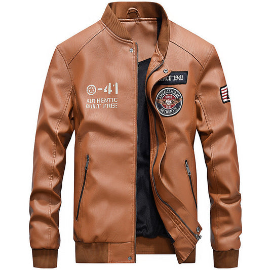 Herrjacka i Läder – Regular Fit – Broderade Patches – Baseballkrage – Dragkedja