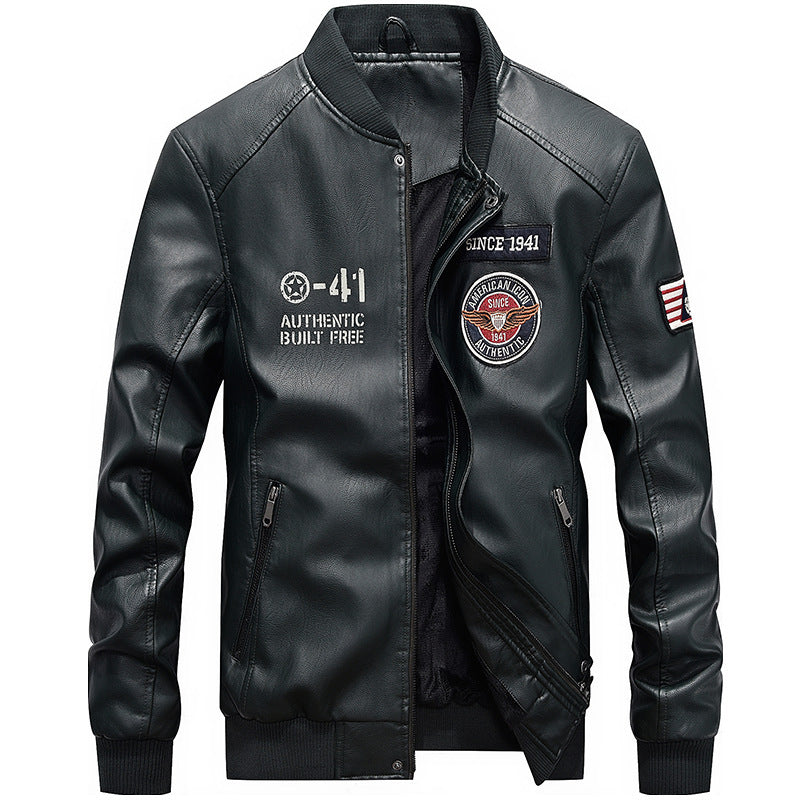 Herrjacka i Läder – Regular Fit – Broderade Patches – Baseballkrage – Dragkedja