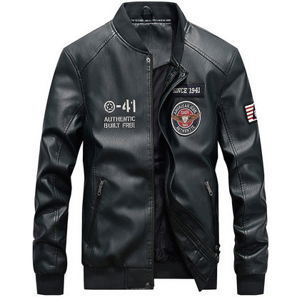 Herrjacka i Läder – Regular Fit – Broderade Patches – Baseballkrage – Dragkedja