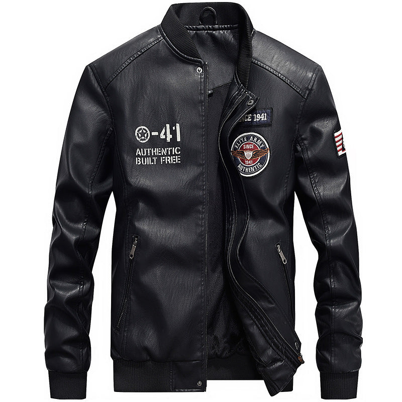 Herrjacka i Läder – Regular Fit – Broderade Patches – Baseballkrage – Dragkedja