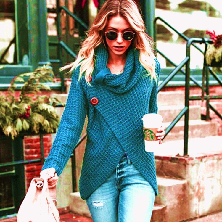 Damtröja – Avslappnad Passform – Stickad Ull – Hög Krage – Knappar Fram