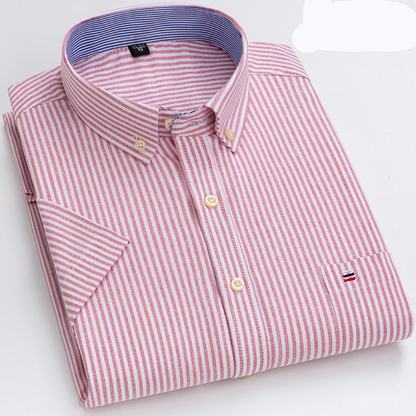 Herr Skjorta - Klassisk Rutig Design - Bomull - Button-Down Krage - Kortärmad