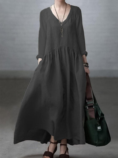 Damklänning maxi – Naturmaterial – Avslappnad passform – V-ringning – Lång ärm med fickor