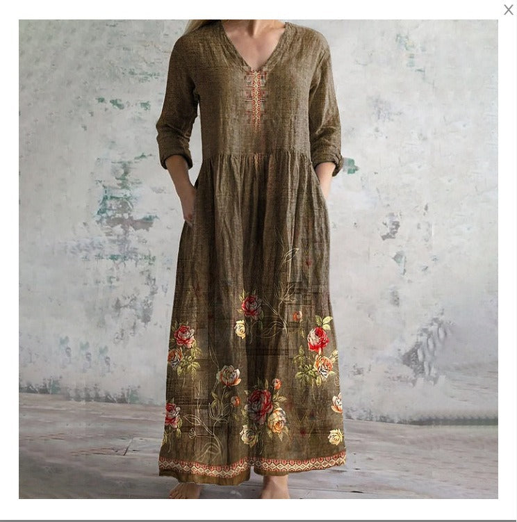 Damklänning – Maxilängd – Naturliga Fibrer – Avslappnad Passform – V-ringning – Lång ärm – Randigt Mönster