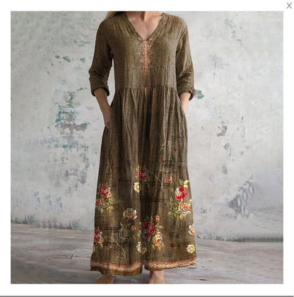 Damklänning – Maxilängd – Naturliga Fibrer – Avslappnad Passform – V-ringning – Lång ärm – Randigt Mönster