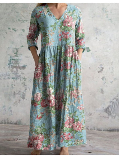 Damklänning – Maxilängd – Naturliga Fibrer – Avslappnad Passform – V-ringning – Lång ärm – Randigt Mönster