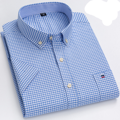 Herr Skjorta - Klassisk Rutig Design - Bomull - Button-Down Krage - Kortärmad