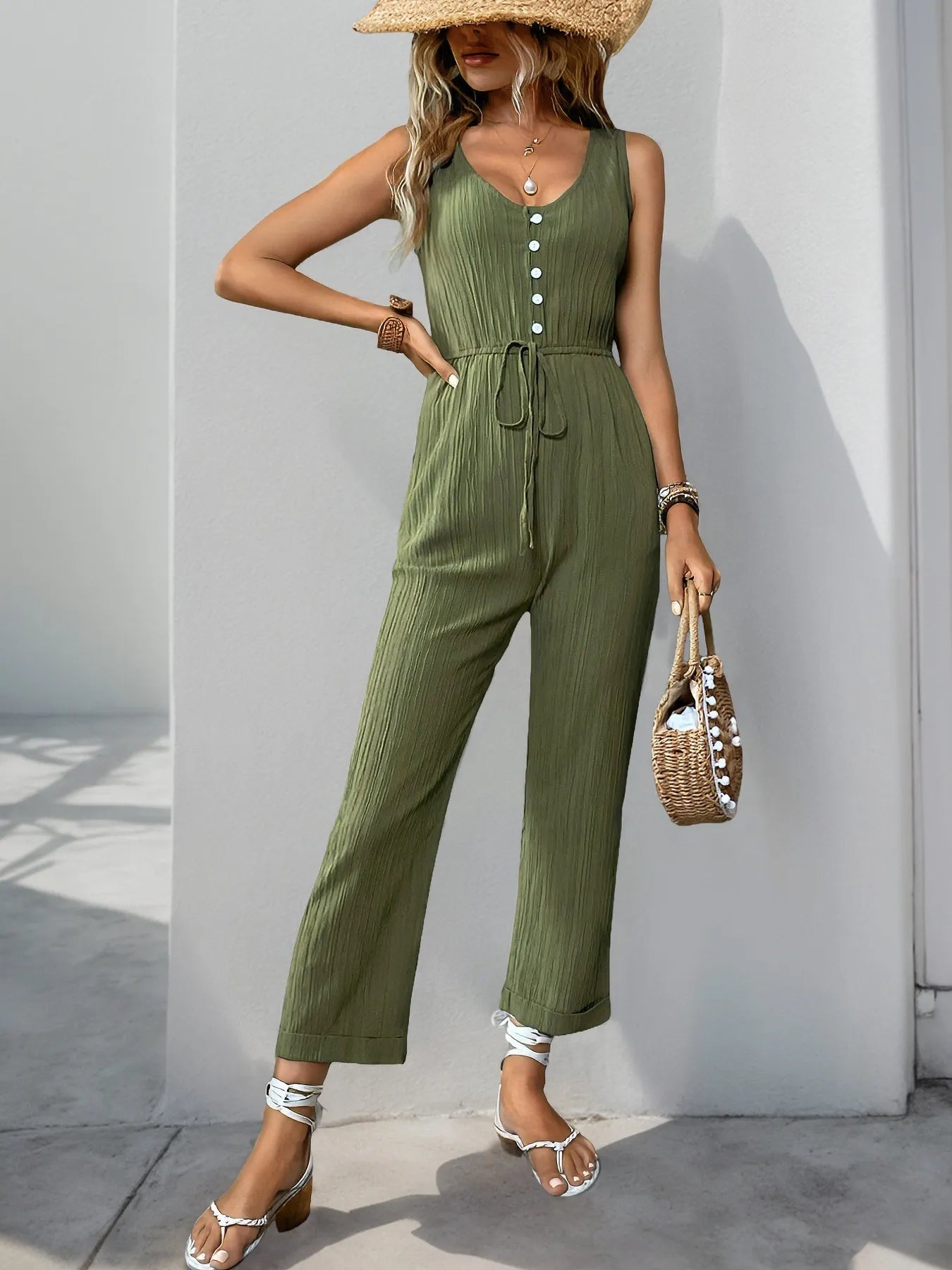 Damjumpsuit - Ärmlös med knappar framtill - Dragsko i midjan - Avslappnad chic