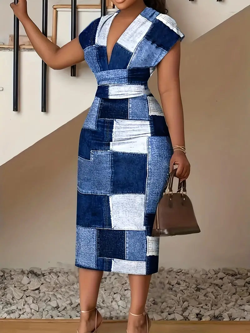 Damklänning - Figurnära Midi - V-ringning - Ärmlös Patchwork Denim Look