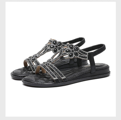 Dam Sandaler – Platt Sula – Öppen Tå – Strassdekor – Elastisk Slingback