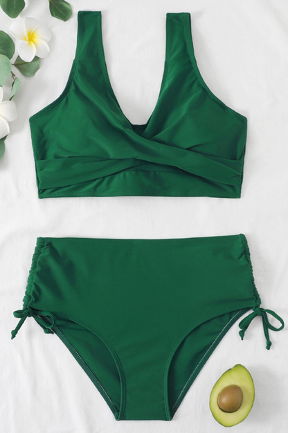 Bikini för dam – Omlottöverdel med breda band – Hög midja – Justerbara knytband