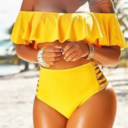 Dam Bikiniuppsättning – Off Shoulder Volangtopp – Hög Midja – Utskurna Sidor
