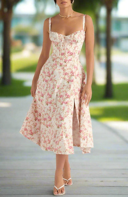 Klänning för dam - Vintage Stil - Midi Längd - Blommigt Mönster - Figurnära Liv & A-linje