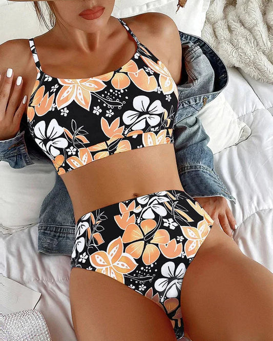 Dam Bikini Set – Högmidjade Trosor – Tanktoppmodell – Blommigt Mönster – Andningsbart Tyg