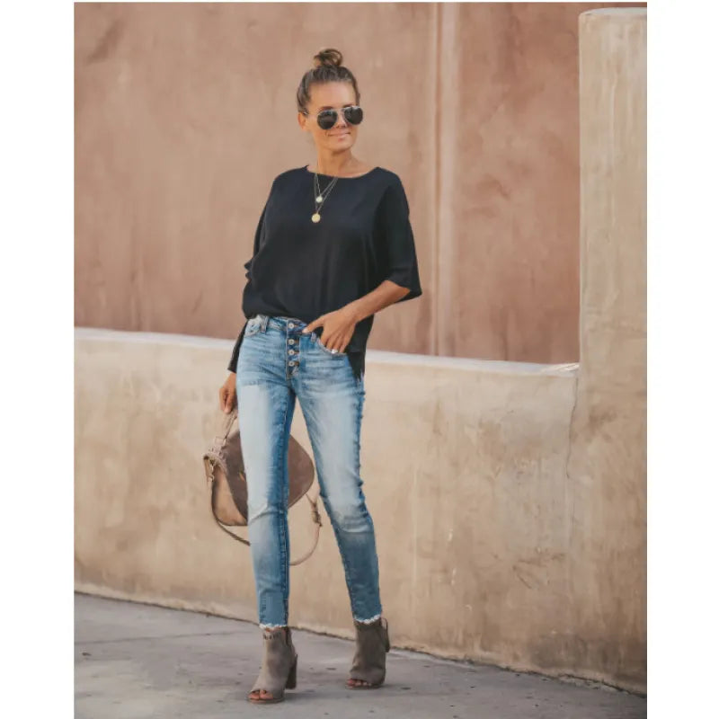 Damjeans - Högmidjade Skinny - Knappgylf - Stretchig Denim