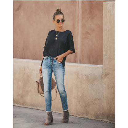 Damjeans - Högmidjade Skinny - Knappgylf - Stretchig Denim