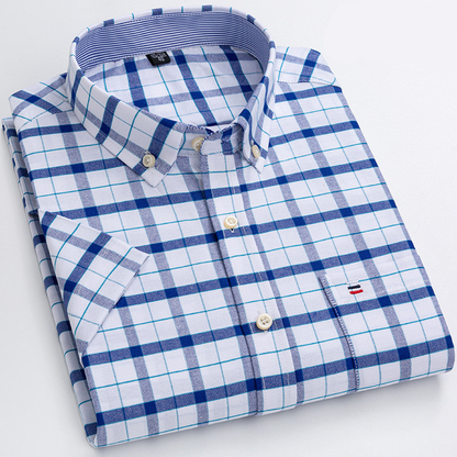 Herr Skjorta - Klassisk Rutig Design - Bomull - Button-Down Krage - Kortärmad