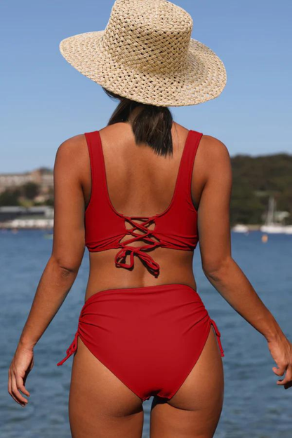 Bikini för dam – Omlottöverdel med breda band – Hög midja – Justerbara knytband