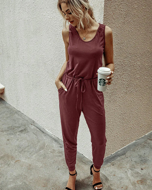 Dam Jumpsuit – Avslappnad Passform – Ärmlös – Dragsko Midja – Taperad Benform – Fickor