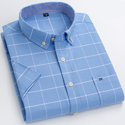 Herr Skjorta - Klassisk Rutig Design - Bomull - Button-Down Krage - Kortärmad