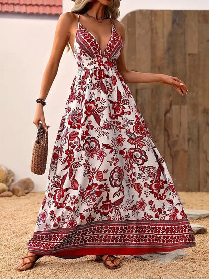 Dam Maxi Klänning - Bohemisk Blommig Design - Ärmlös med Spagettiband - Djup V-ringning
