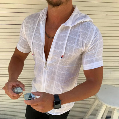 Herrskjorta med kort ärm och huva i mesh – halvtransparent design