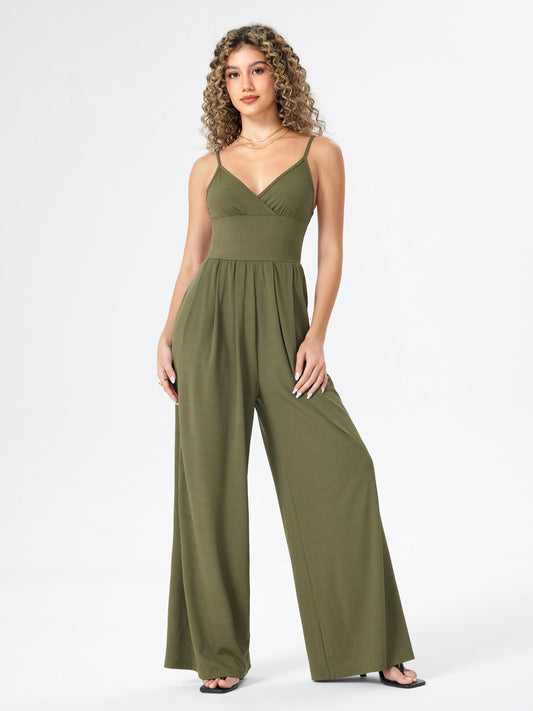 Damtopp Jumpsuit – Ärmlös med Smala Axelband – V-ringning – Vida Ben – Elegant Passform