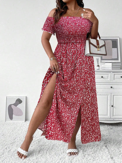 Maxiklänning för dam – Off Shoulder – Smockad Livdel – Blommigt Mönster – Luftig Passform