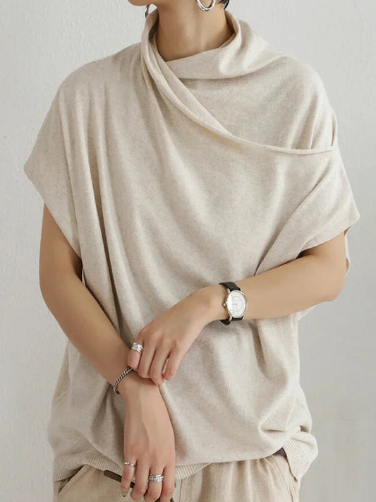 Dam Topp - Asymmetrisk Draperad Krage - Kortärm - Lös Passform - Elegant och Bekväm