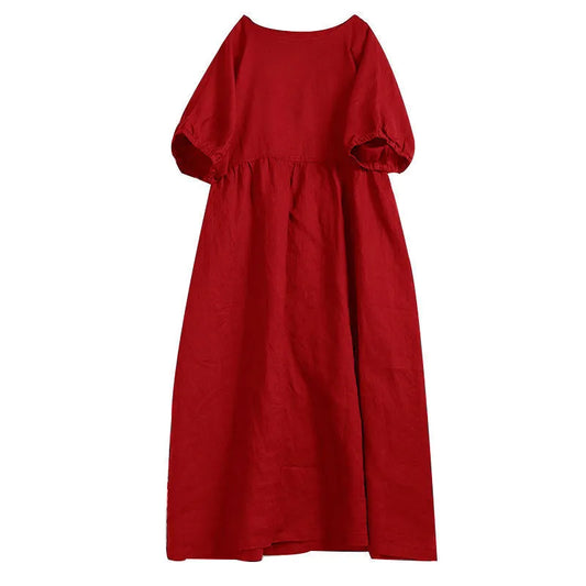 Midiklänning för kvinnor – avslappnad – puffärmar – vintagestil