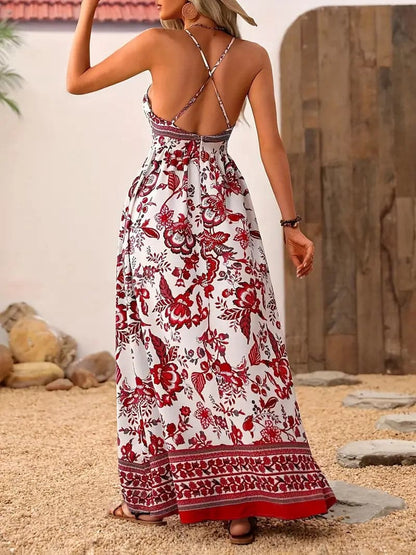 Dam Maxi Klänning - Bohemisk Blommig Design - Ärmlös med Spagettiband - Djup V-ringning